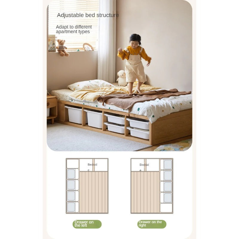 Rubberwood, Oak Solid Wood Children's Box Platform Bed, Headboard-Free Bed