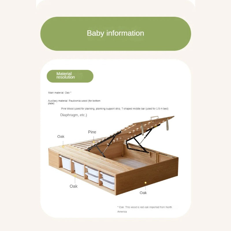 Rubberwood, Oak Solid Wood Children's Box Platform Bed, Headboard-Free Bed