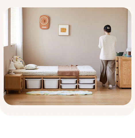Rubberwood, Oak Solid Wood Children's Box Platform Bed, Headboard-Free Bed