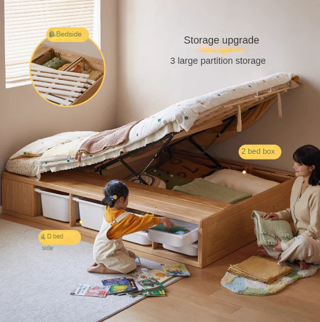Rubberwood, Oak Solid Wood Children's Box Platform Bed, Headboard-Free Bed