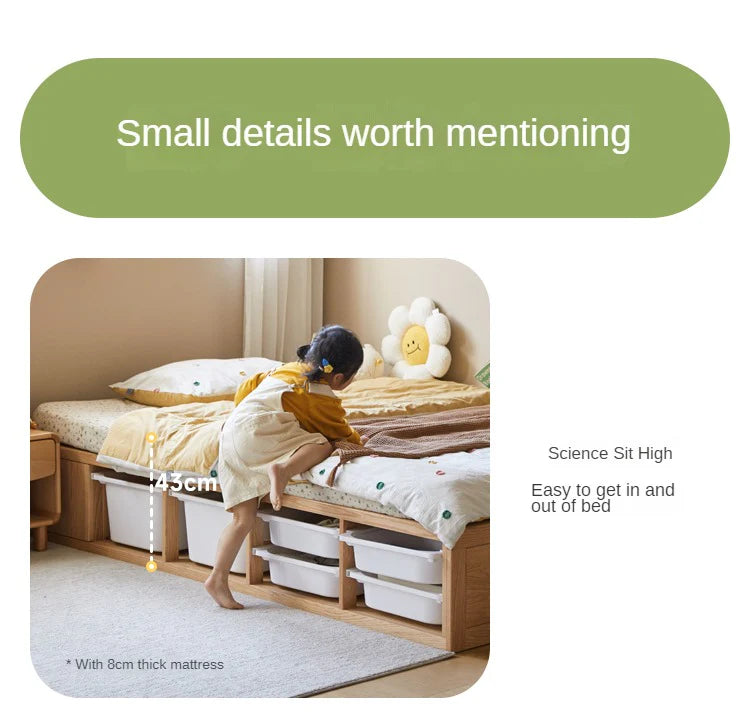 Rubberwood, Oak Solid Wood Children's Box Platform Bed, Headboard-Free Bed