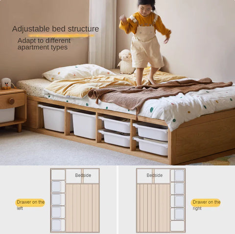 Rubberwood, Oak Solid Wood Children's Box Platform Bed, Headboard-Free Bed
