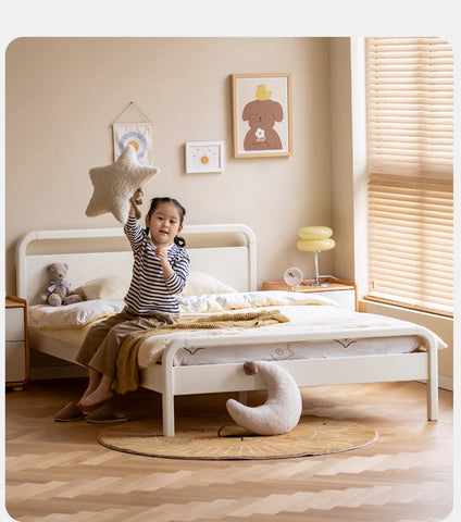 Rubber wood, Poplar Solid Wood Children's Bed Cream Soft Bag Headboard<