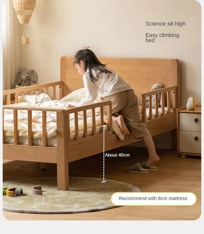 Beech Solid Wood Children's Bed for Boys and Girls Spliced Bed with Guardrail<