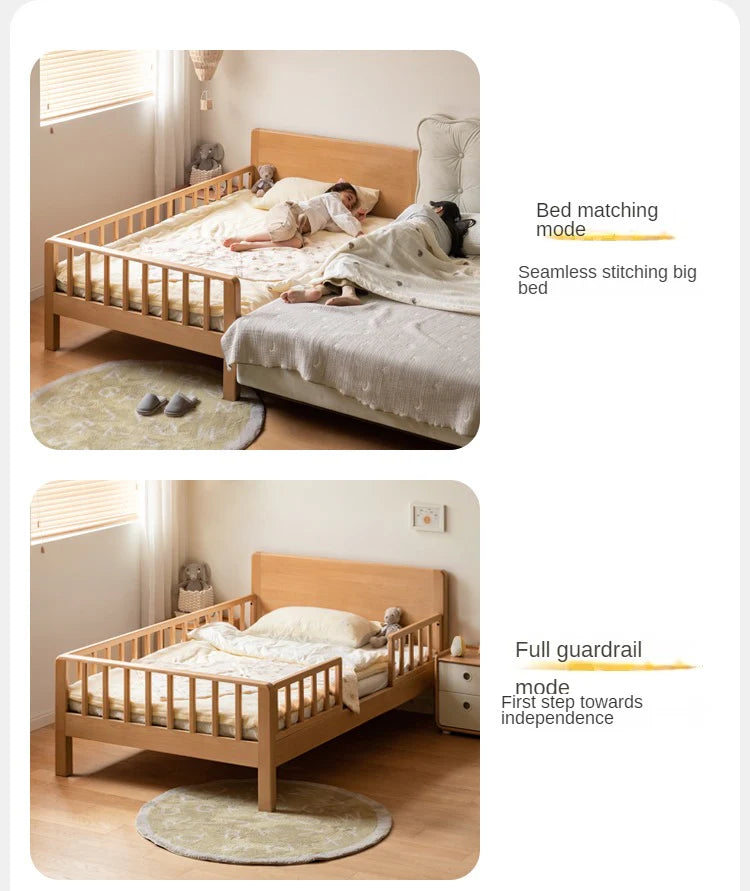 Beech Solid Wood Children's Bed for Boys and Girls Spliced Bed with Guardrail<