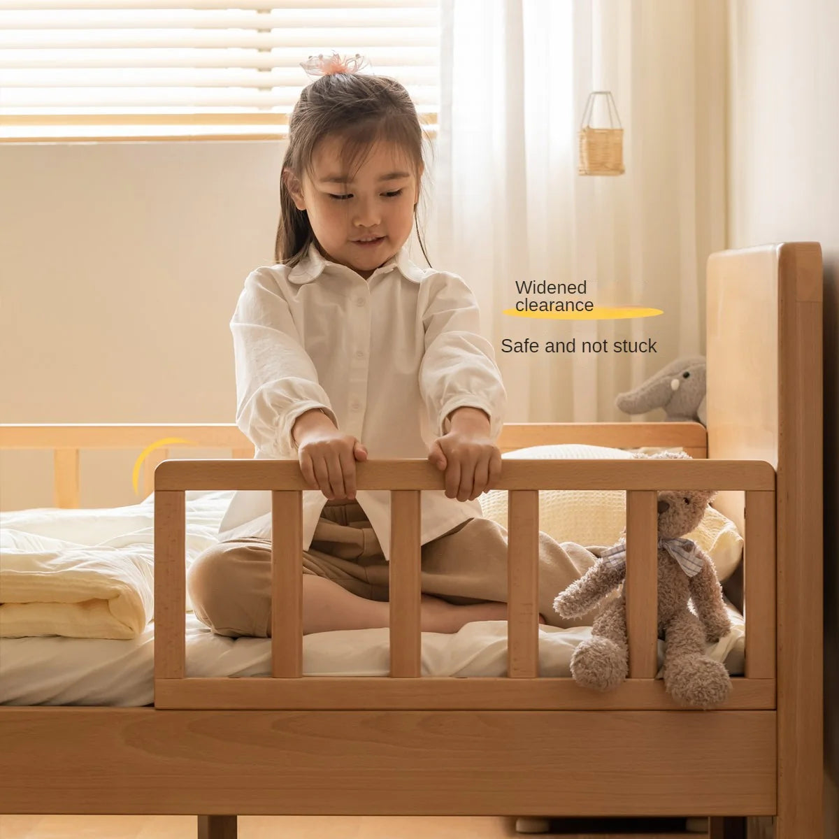 Beech Solid Wood Children's Bed for Boys and Girls Spliced Bed with Guardrail<