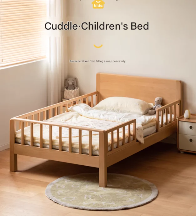 Beech Solid Wood Children's Bed for Boys and Girls Spliced Bed with Guardrail<