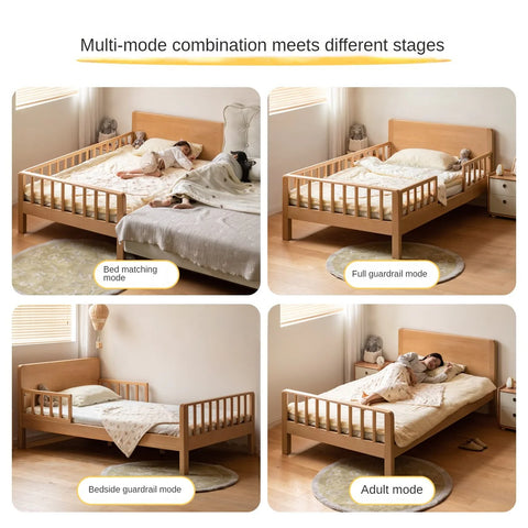 Beech Solid Wood Children's Bed for Boys and Girls Spliced Bed with Guardrail<