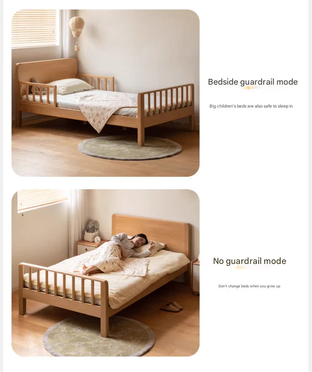 Beech Solid Wood Children's Bed for Boys and Girls Spliced Bed with Guardrail<