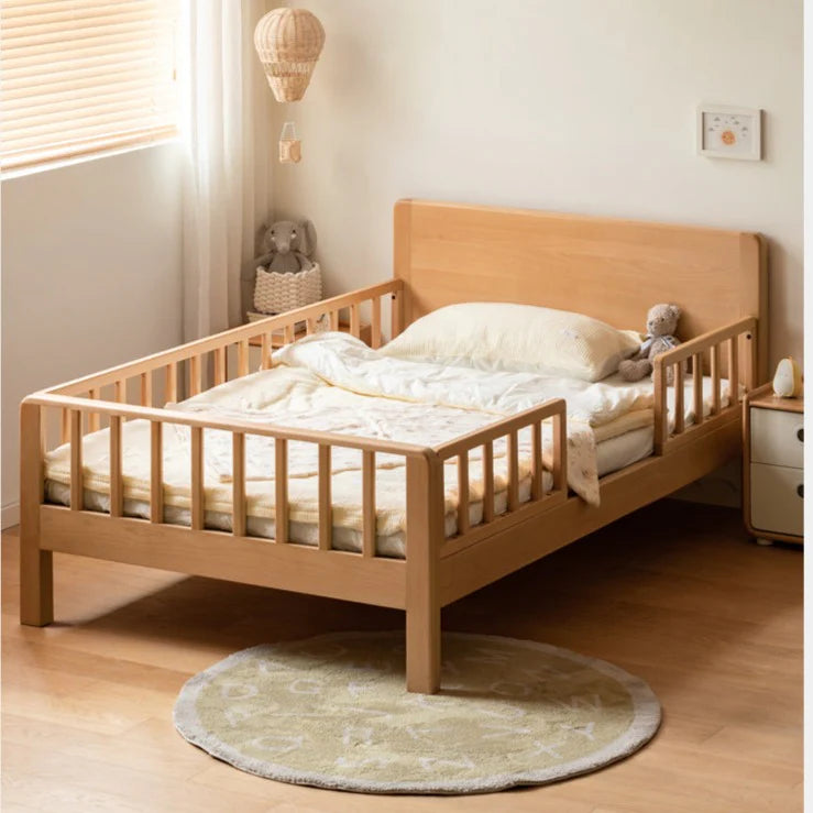 Beech Solid Wood Children's Bed for Boys and Girls Spliced Bed with Guardrail<