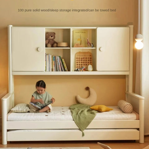Poplar Solid Wood Children's Storage White Single Bed.