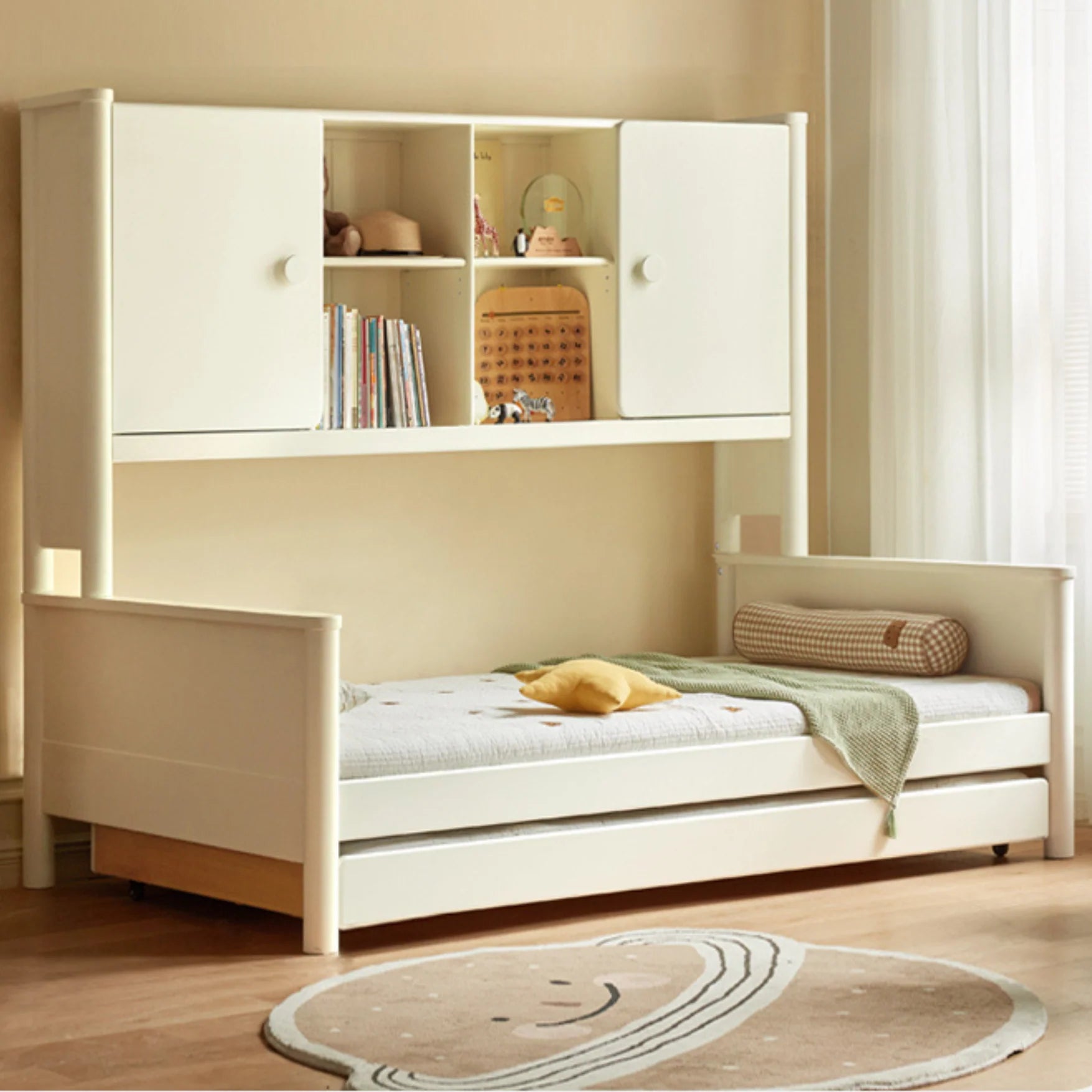Poplar Solid Wood Children's Storage White Single Bed.