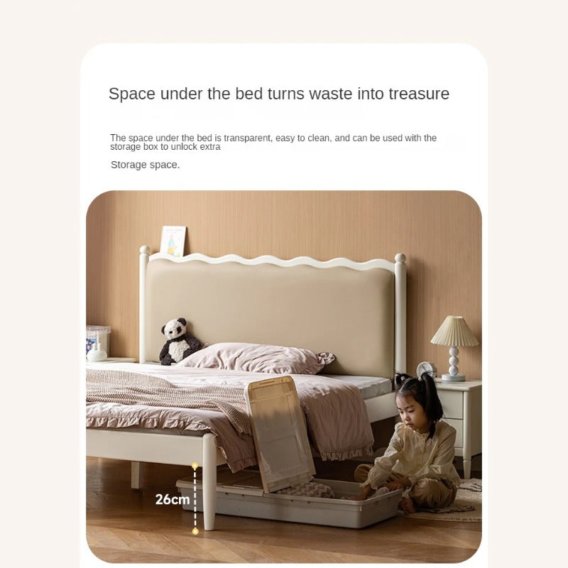 Rubber Wood Children's Bed with organic leather Cream Style.