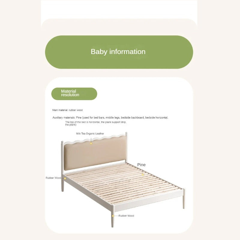 Rubber Wood Children's Bed with organic leather Cream Style.