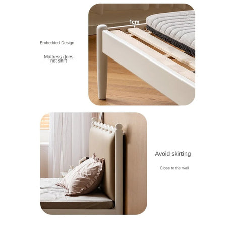 Rubber Wood Children's Bed with organic leather Cream Style.