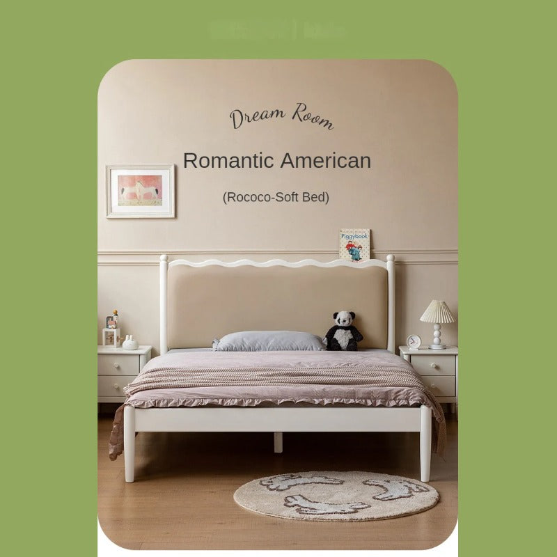 Rubber Wood Children's Bed with organic leather Cream Style.