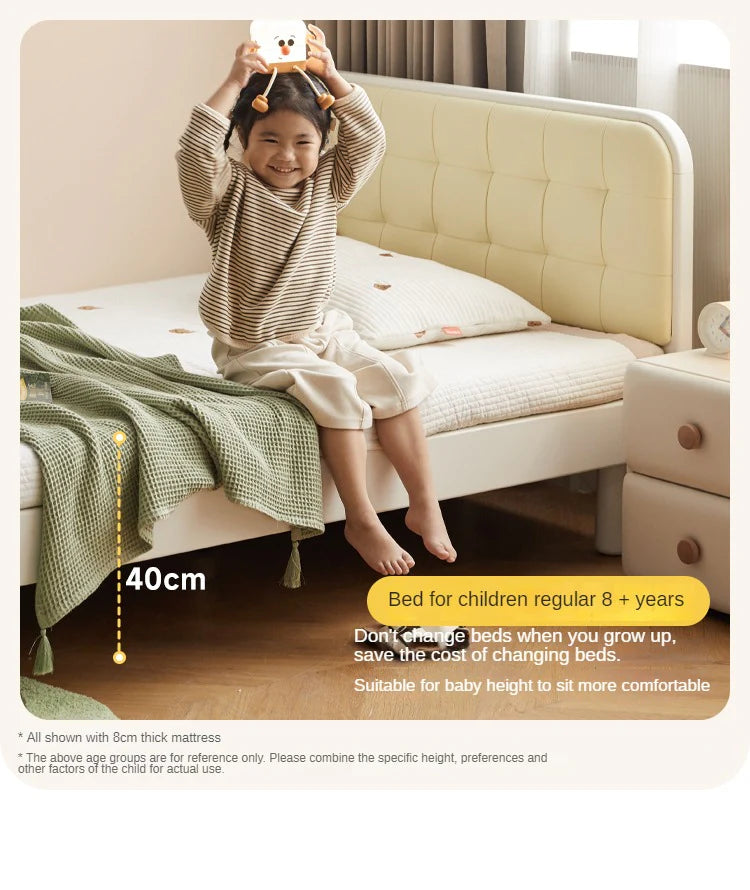 Rubber Solid Wood Children's White Cream Style Montessori Platform Bed.