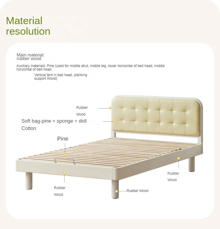 Rubber Solid Wood Children's White Cream Style Montessori Platform Bed.