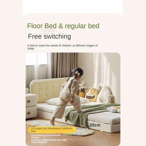 Rubber Solid Wood Children's White Cream Style Montessori Platform Bed.