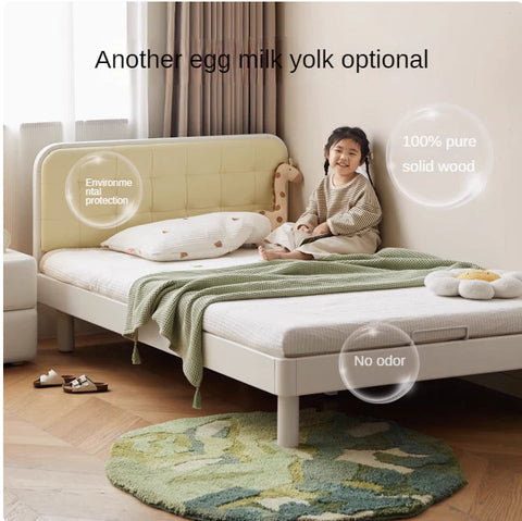 Rubber Solid Wood Children's White Cream Style Montessori Platform Bed.