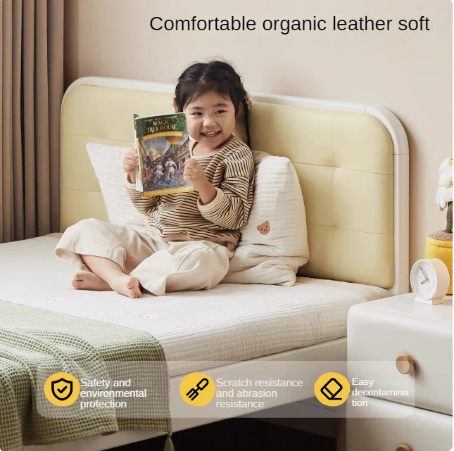 Rubber Solid Wood Children's White Cream Style Montessori Platform Bed.