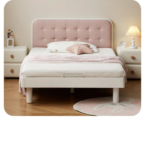 Rubber Solid Wood Children's White Cream Style Montessori Platform Bed.