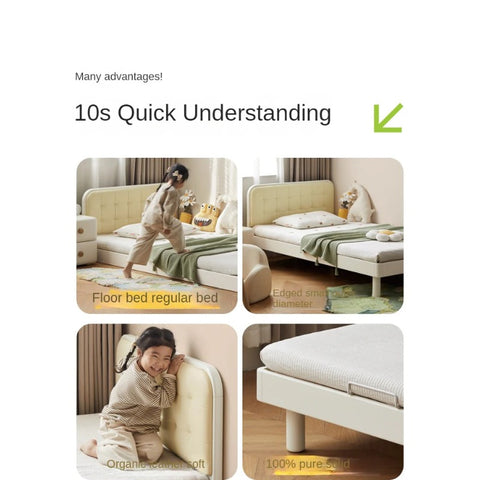 Rubber Solid Wood Children's White Cream Style Montessori Platform Bed.