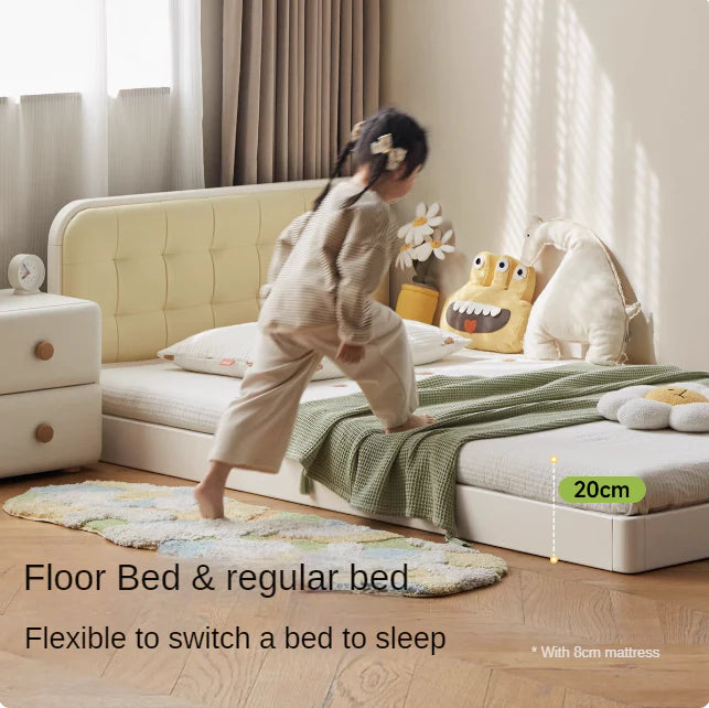 Rubber Solid Wood Children's White Cream Style Montessori Platform Bed.