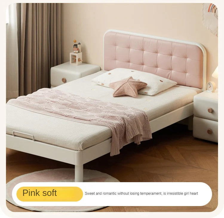Rubber Solid Wood Children's White Cream Style Montessori Platform Bed.