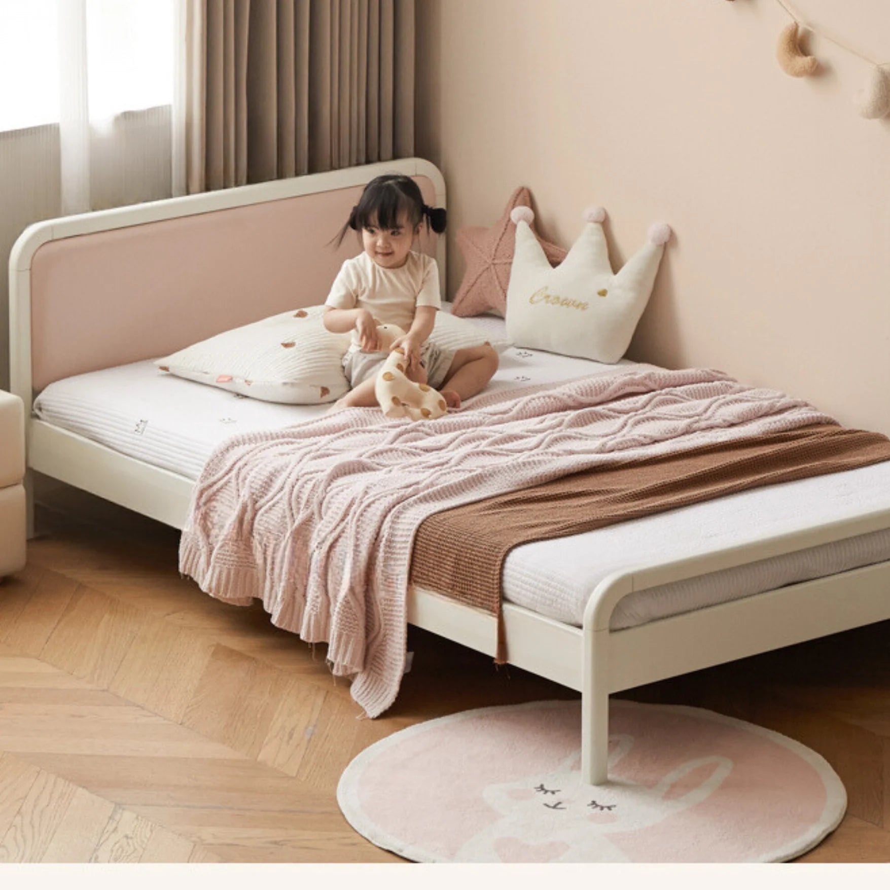 Rubber Wood White Cream Style Children's Soft Bed.