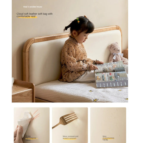Oak solid wood children's bed with organic leather<