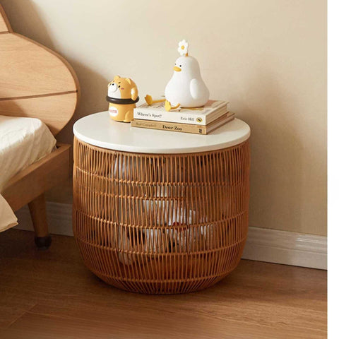 Rubber Solid Wood Cream Style Children Toy Storage Basket with Handwoven Rattan Cabinet for Bedroom & Living Room Organization