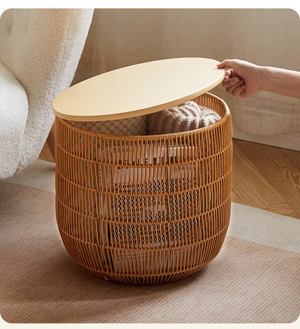 Rubber Solid Wood Cream Style Children Toy Storage Basket with Handwoven Rattan Cabinet for Bedroom & Living Room Organization