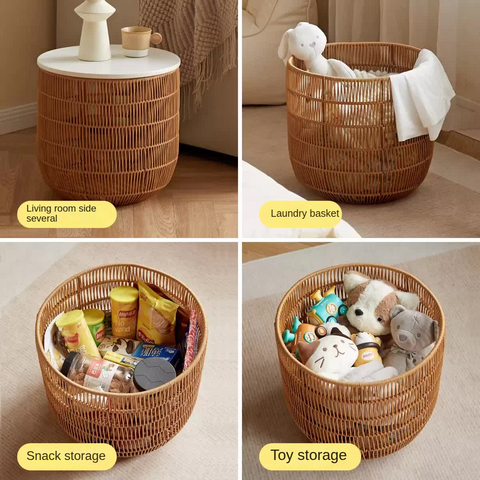 Rubber Solid Wood Cream Style Children Toy Storage Basket with Handwoven Rattan Cabinet for Bedroom & Living Room Organization