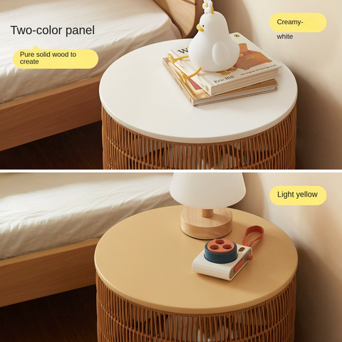 Rubber Solid Wood Cream Style Children Toy Storage Basket with Handwoven Rattan Cabinet for Bedroom & Living Room Organization