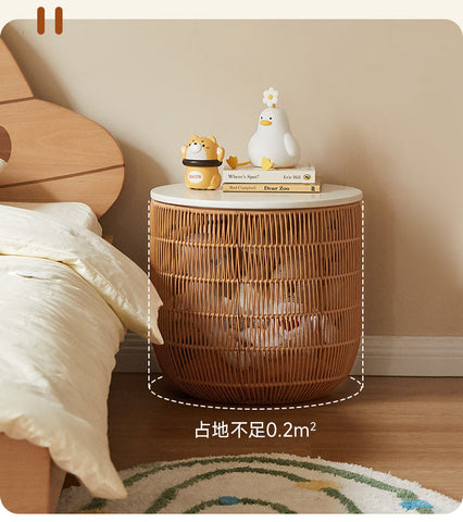 Rubber Solid Wood Cream Style Children Toy Storage Basket with Handwoven Rattan Cabinet for Bedroom & Living Room Organization