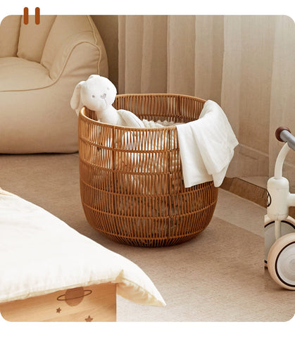 Rubber Solid Wood Cream Style Children Toy Storage Basket with Handwoven Rattan Cabinet for Bedroom & Living Room Organization