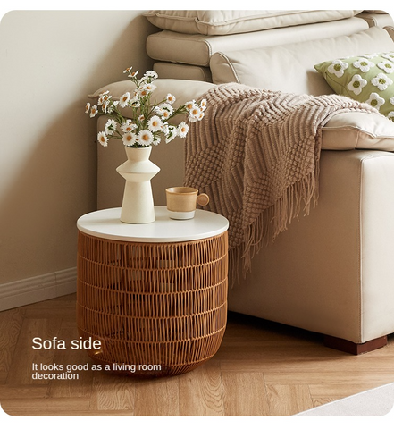 Rubber Solid Wood Cream Style Children Toy Storage Basket with Handwoven Rattan Cabinet for Bedroom & Living Room Organization