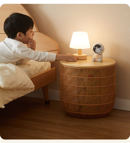 Rubber Solid Wood Cream Style Children Toy Storage Basket with Handwoven Rattan Cabinet for Bedroom & Living Room Organization