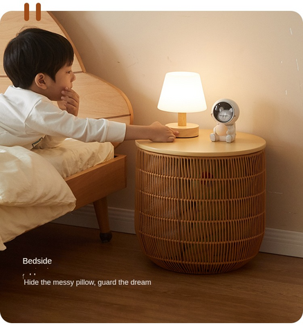 Rubber Solid Wood Cream Style Children Toy Storage Basket with Handwoven Rattan Cabinet for Bedroom & Living Room Organization