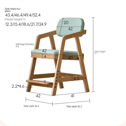 Oak Solid Wood Adjustable Height Kids Chair with Soft Washable Seat Mint Green or Pink Study Dining Chair