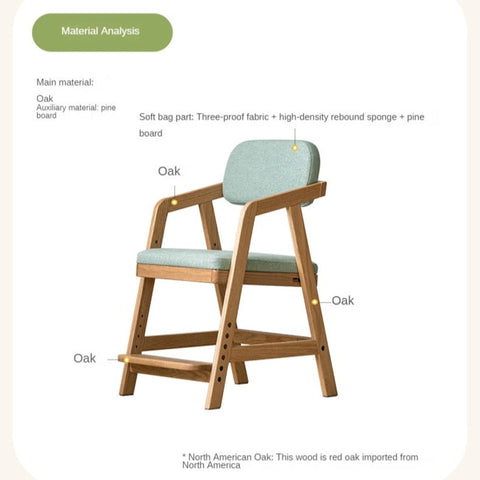Oak Solid Wood Adjustable Height Kids Chair with Soft Washable Seat Mint Green or Pink Study Dining Chair