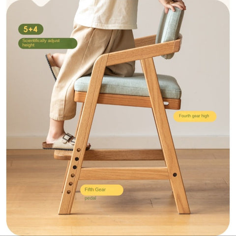 Oak Solid Wood Adjustable Height Kids Chair with Soft Washable Seat Mint Green or Pink Study Dining Chair