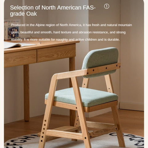Oak Solid Wood Adjustable Height Kids Chair with Soft Washable Seat Mint Green or Pink Study Dining Chair