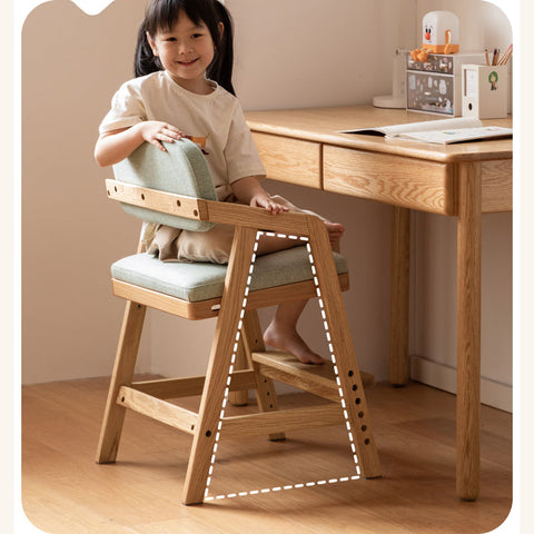 Oak Solid Wood Adjustable Height Kids Chair with Soft Washable Seat Mint Green or Pink Study Dining Chair