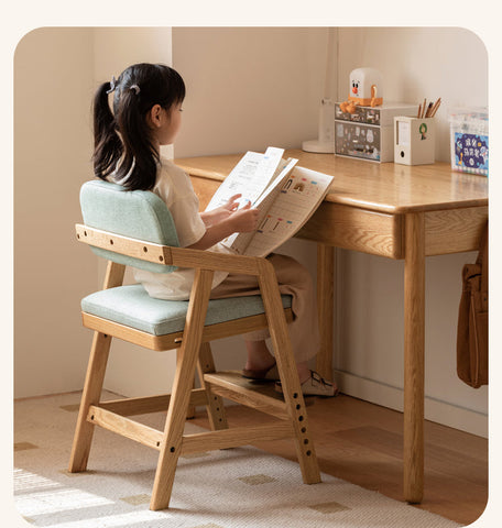 Oak Solid Wood Adjustable Height Kids Chair with Soft Washable Seat Mint Green or Pink Study Dining Chair