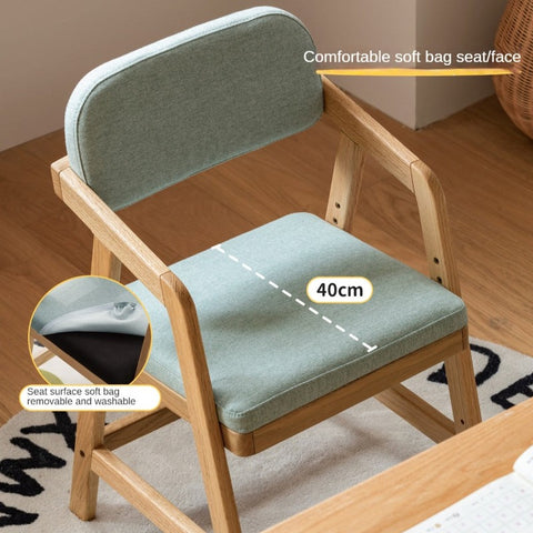 Oak Solid Wood Adjustable Height Kids Chair with Soft Washable Seat Mint Green or Pink Study Dining Chair