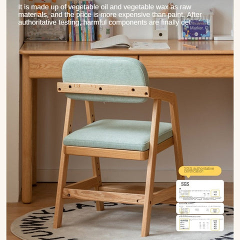 Oak Solid Wood Adjustable Height Kids Chair with Soft Washable Seat Mint Green or Pink Study Dining Chair