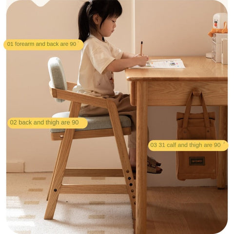 Oak Solid Wood Adjustable Height Kids Chair with Soft Washable Seat Mint Green or Pink Study Dining Chair