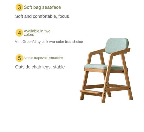 Oak Solid Wood Adjustable Height Kids Chair with Soft Washable Seat Mint Green or Pink Study Dining Chair